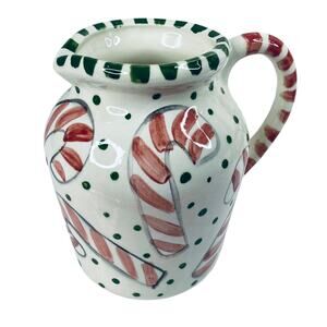 Christmas Pottery Juice Pitcher Candy Cane Holiday Studio Artist Signed Handmade